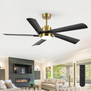 60 Inch Ceiling Fan with LED Light & Remote, Industrial Ceiling Fan with Reversible DC Motor Modern Fan, Reversible 5 Blades Dual Downrods Ceiling Fan for Large Bedroom, Living Room (Black & Gold)