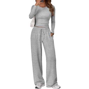 Women’s 2 Piece Lounge Set Long Sleeve Fitted Top Wide Leg Pants Comfy Lightweight Travel Outfit Chic Matching Set, Small