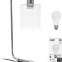 Simple Designs LD1066-CHR-LB Industrial Vintage Bronson Iron Lantern Desk Table Lamp with USB Port and Glass Cylinder Shade for Office, Living Room, Bedroom, Chrome, with Feit LED Bulb Included
