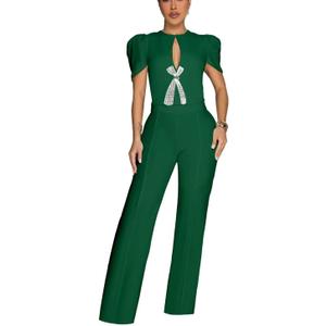 Women's fashionable, sexy, elegant, high waisted, wide leg pants, club business party button jumpsuit (4478/Green) Small