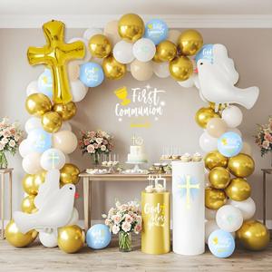 169 Pcs First Communion Decorations Balloons Kit Baptism Party Decorations Blue Metallic Gold Balloons Arch Kit First Holy Communion Decor for God Bless Christening Birthday Theme Party Supplies