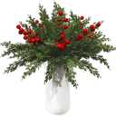 50 PCS Christmas Artificial Pine Branches with Red Berry Stems, 10" 5 Faux Cedar Stems, Artificial Cedar Branches, Fake Christmas Greenery Pine Needles Picks for DIY Craft Garland Home Decor