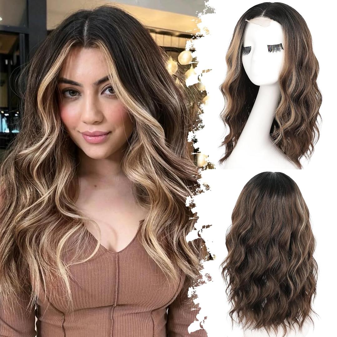 Dark Brown Mixed Blonde Short Wavy Wig for Women Lace Hairline Bob Style Synthetic Heat Resistant - Natural Appearance for Everyday Hairstyle 18 Inch