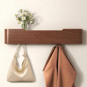 Wall Mounted Coat Rack with Shelf, Wooden Entryway Organizer with Hidden Metal Hooks for Hanging Coats Bags Keys, Modern Floating Shelf for Hallway Bathroom