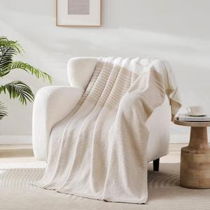R.SHARE Beige Striped Throw Blanket 50x70 Inch Reversible, Feather Knit Tan Cream Taupe Microfiber Soft Comfy Cozy Lightweight Fluffy Fuzzy Warm Cute for Couch Sofa Chair Bed Home