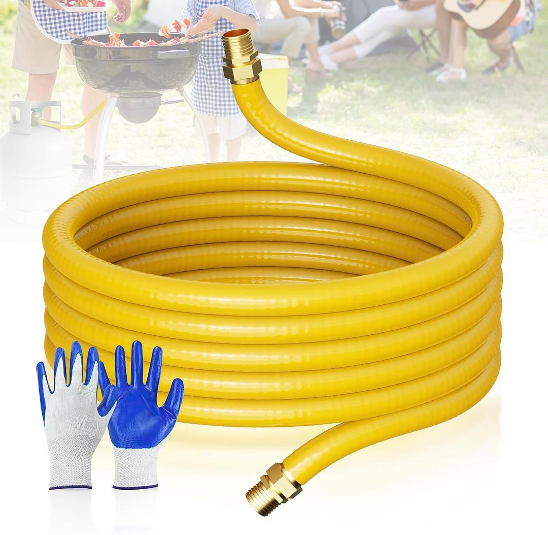 CSST Gas Line 37Ft 3/4'', Professional Underground Flexible Gas Line with 2 Brass NPT Fittings & Gloves, Contractor-Grated Stainless Steel Propane Hose for Grill, Heater, RV Conversion