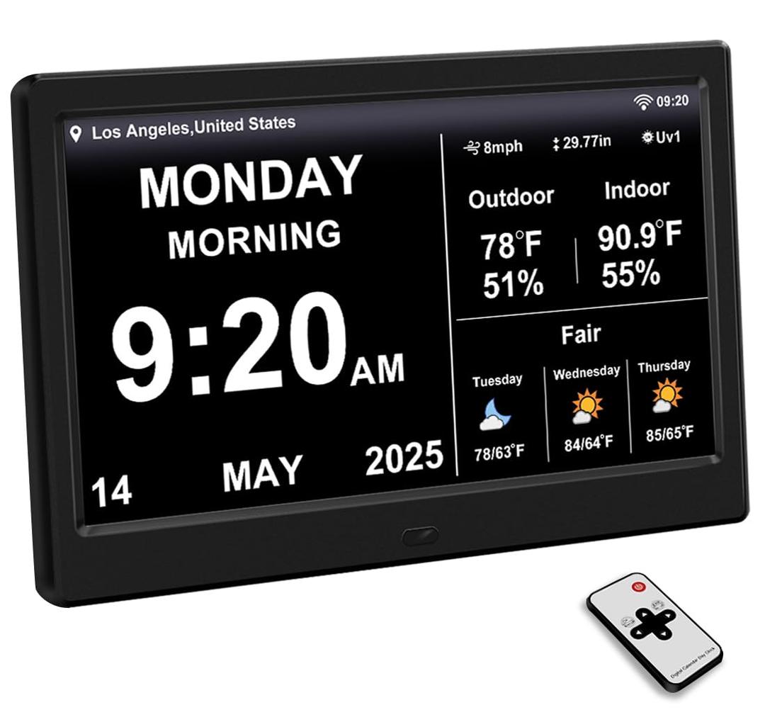 2025 New Digital Clock with Temperature/Humidity & Weather Forecast, Auto Time Sync Large Display, Custom Alarms & Medication Reminders, Ideal for Elderly(Black, 10.1-Inch)
