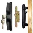 Sliding Patio Door Handle Set with Mortise Lock, Key Cylinder and Face Plate, Wood Handle Lock Set Fits Door Thickness from 1-1/2" to 1-3/4", 3-15/16" Screw Hole Spacing, Black