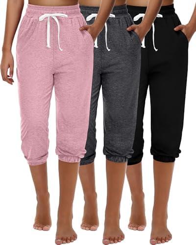 Ficerd 3 Pcs Women's Capri Sweatpants Joggers Summer Casual Sports Cropped Lounge Pants High Waisted Athletic with Pockets, Size: M