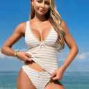 ZAFUL Women's Tankini Swimsuits V Neck Tummy Control Bow Color Block Two Piece Swimsuit Bathing Suit