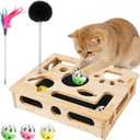 Interactive Wooden Cat Puzzle Toy for Indoor Cats Felt Maze Box with 3 Balls & 2 Cats Teasers, Cats Nail File Enrichment Box Hunting Exercise Toy for Kittens, Stimulating Cat Energy and Instincts