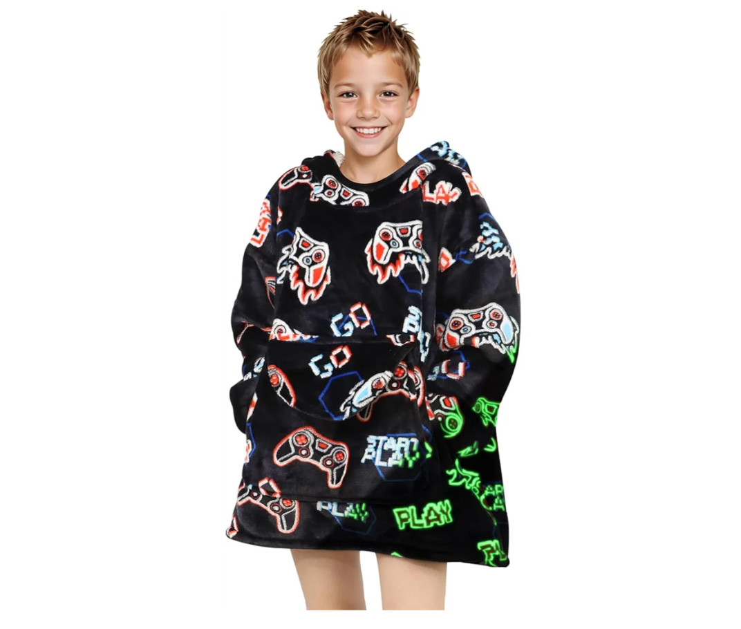 Wearable Blanket Hoodie for Kids Fleece Sweatshirt Blanket Gamer Gifts for Boys Girls Flannel Hooded Blanket with Pocket and Sleeves for Kids (Game Controller) Kids 6-9YR