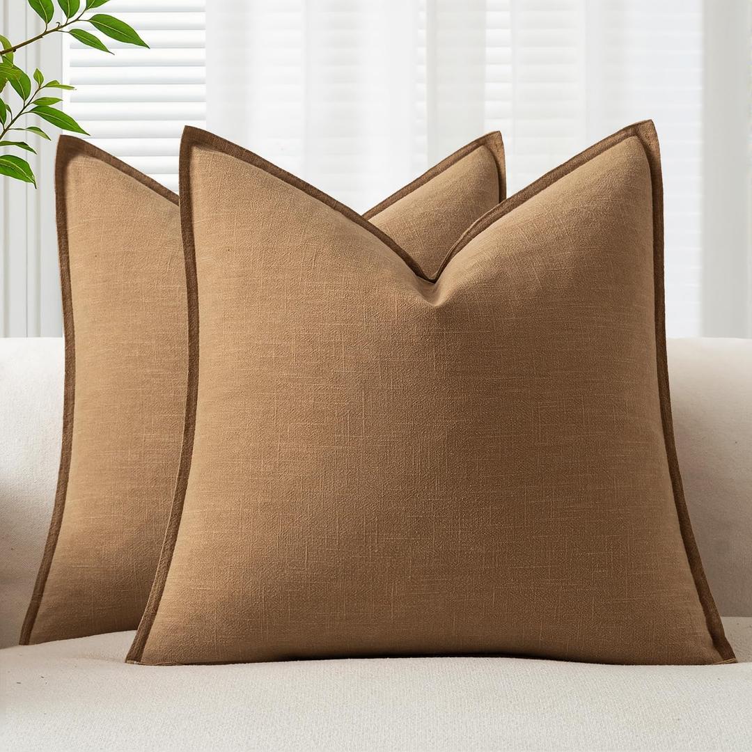 EMEMA Decorative Linen Throw Pillow Covers 20x20 Inch Brown Boho Farmhouse Neutral Couch Throw Pillows for Bed Pack of 2 Accent Pillowcase Modern Sofa Cushion Livingroom Home