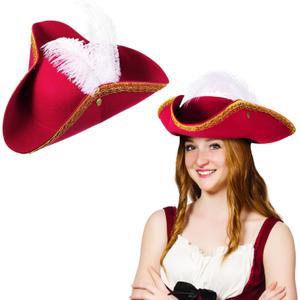 Liitrsh Tricorn Pirate Hat with Feather Buccaneer Colonial Tricorn Hat Adult Renaissance Halloween Costume Party (Dark Red, White) Liitrsh Tricorn Pirate Hat with Feather Buccaneer Colonial Tricorn Hat Adult Renaissance Halloween Costume Party (Dark Red, White)