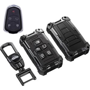Heavy Key Fob Cover for Cadillac, Keychain, Metal Silicone Key Fob Case Compatible with Cadillac ATS ATS-v CTS CT6 XTS XT5 XT4 XT6 SRX 2014 2015 2016 2017 2018 2019 2020 2021 (Black, S Buckle)