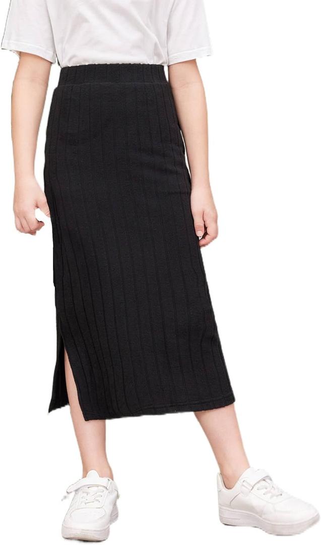 Milumia Girl's Rib Knit Split Thigh Long Skirt Elastic Waist Solid Pencil Skirts (8 Years, Black)