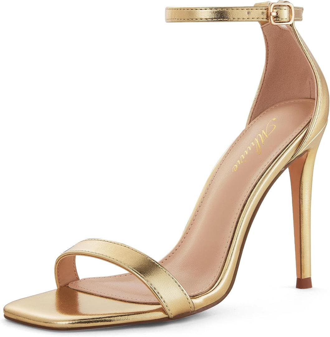 Stylish 4 IN Square Open Toe Ankle Strap Stiletto Heels for Women Plain Trendy Strappy Heeled Sandals, size 9