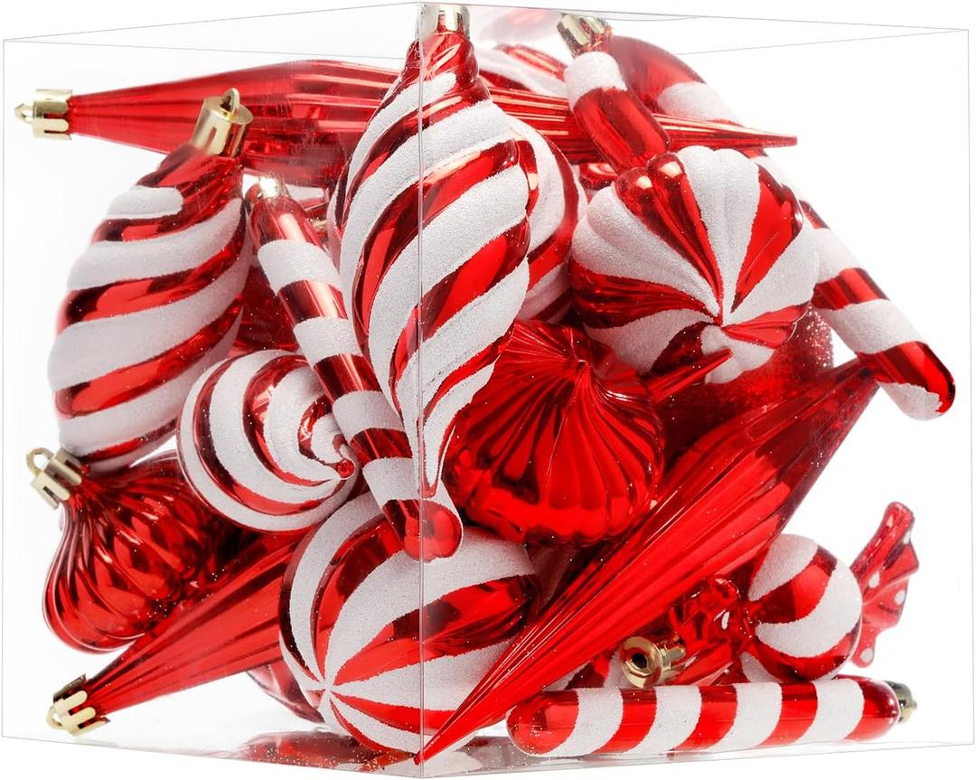 Christmas Ball Ornaments Set Shatterproof Christmas Tree Ornaments 24 PCS Painted Shaped Styles Xmas Tree for Holiday Decor,Red