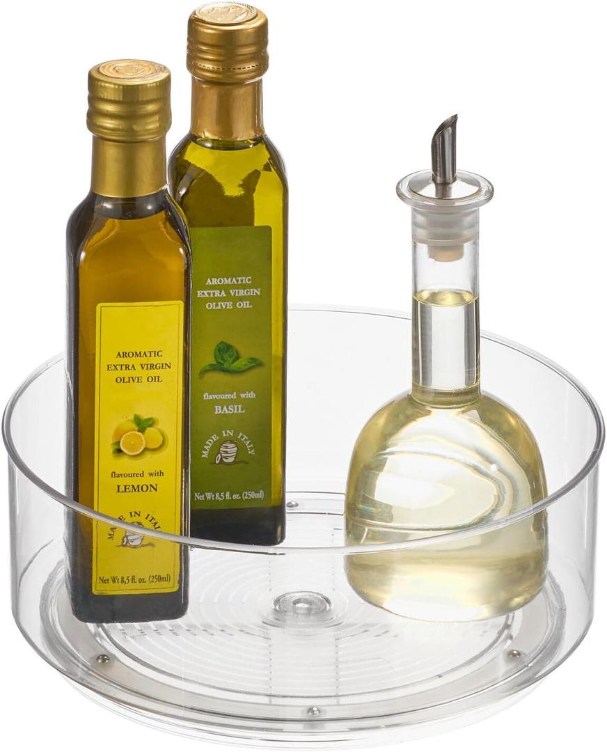 mDesign 9" Plastic Lazy Susan Spinner for Kitchen Cabinet, Cupboard, Fridge, or Drawer Organizing - Rotating Circle Spice Organizer Turntable for Food, Condiment, Medicine - Lumiere Collection - Clear