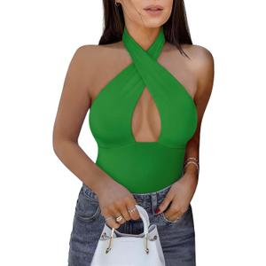 REORIA Butsmooth Women's Trendy Sexy Criss Cross Halter Neck Sleeveless Thong Bodysuits Tops Clubwear (Medium, Green)