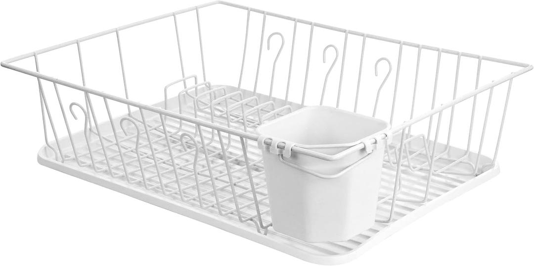 Megachef Chef Single Level Dish Rack with 14 Plate Positioners and A Detachable Utensil Holder, White