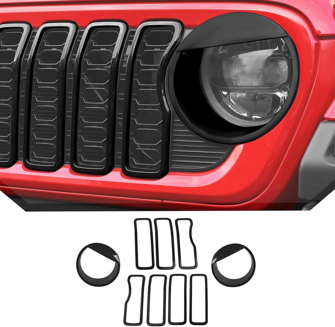 JeCar 9pcs Black Grill Inserts Headlight Covers Trim Kit for 2024 2025+ Jeep Wrangler JL JLU Gladiator JT