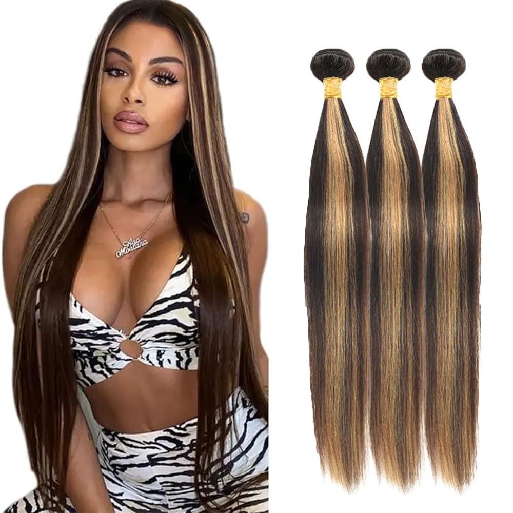 P4/27 Highlight Brown Bundles Straight Bundles Human Hair 30 32 34 Inch Unprocessed Brazilian Virgin Weave Hairs Blonde 3 Bundle 50 Gram Per Bundle Human Hair Extensions