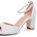 Goolita Pearl Heels For Women Mid Block Ankle Strap Heeled Sandals Round Open Toe Party Evening Bridal Shoes For Wedding (Size 8.5)