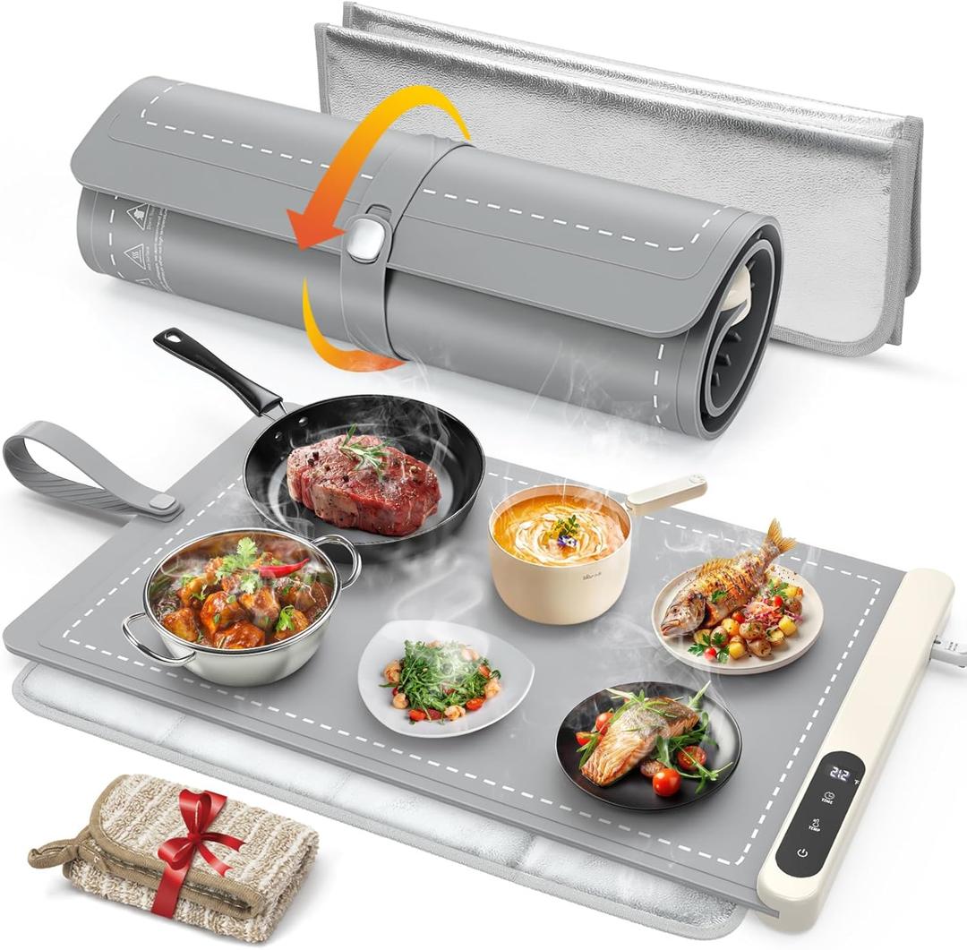 FYY Warming Mat for Food with Heat Resistant Pad, Prevent Countertop Cracks, Keep Meal Warm, Rapid and Full Surface Heating, 6 Temp Settings, 6H Timer, Upgraded Rollable Portable Food Warmer Mat, Grey 