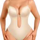 Decorus Shapewear Backless Bodysuit Strapless: Low-back Thong Body-shaper Invisible Women - Build in Bra Open-back Bodysuits (Large, Beige)