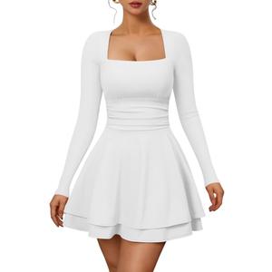 XXTAXN Womens Sexy Long Sleeve Square Neck Flowy Hem Ruched High Waist Party Mini Dress with Side Pocket (White, L)