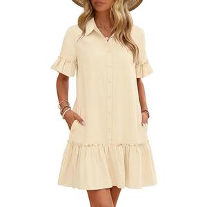 MEROKEETY Women's Summer Casual Button Mini Shirt Dress, Beige, S