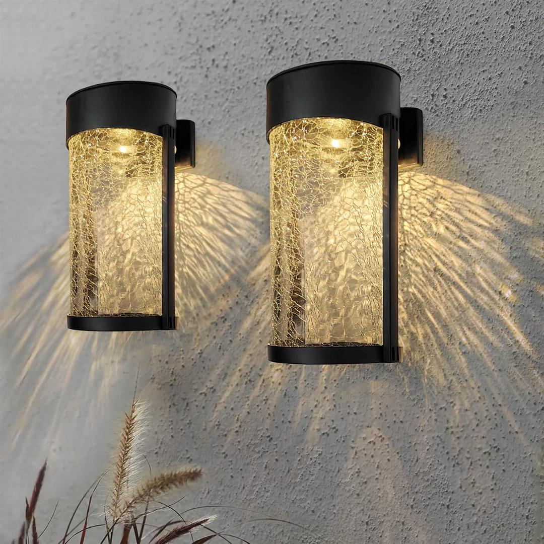 2PK Solar Outdoor Wall Lights with Crackle Glass Shade, Porch Fence Exterior Light Fixture Solar Powered Wall Scones