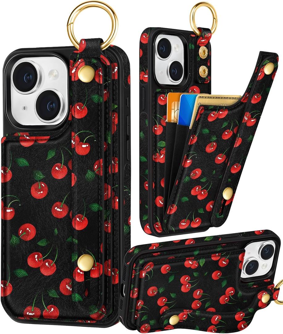 Petitian for iPhone 15 Case with Wallet - Women Girls Cute Girly Aesthetic Unique Design with Leather Credit Card Holder Cardholder Stand Wristband for Apple 15, Cherry