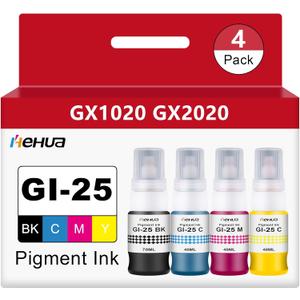 hehua Pigment GI-25 GI25 Ink Refill Bottles Replacement for Canon 25 GI-25 Ink Bottles Compatible with Canon Maxify GX2020 GX1020 Megatank Printers 4 Pack 190ML (Black Cyan Magenta Yellow)