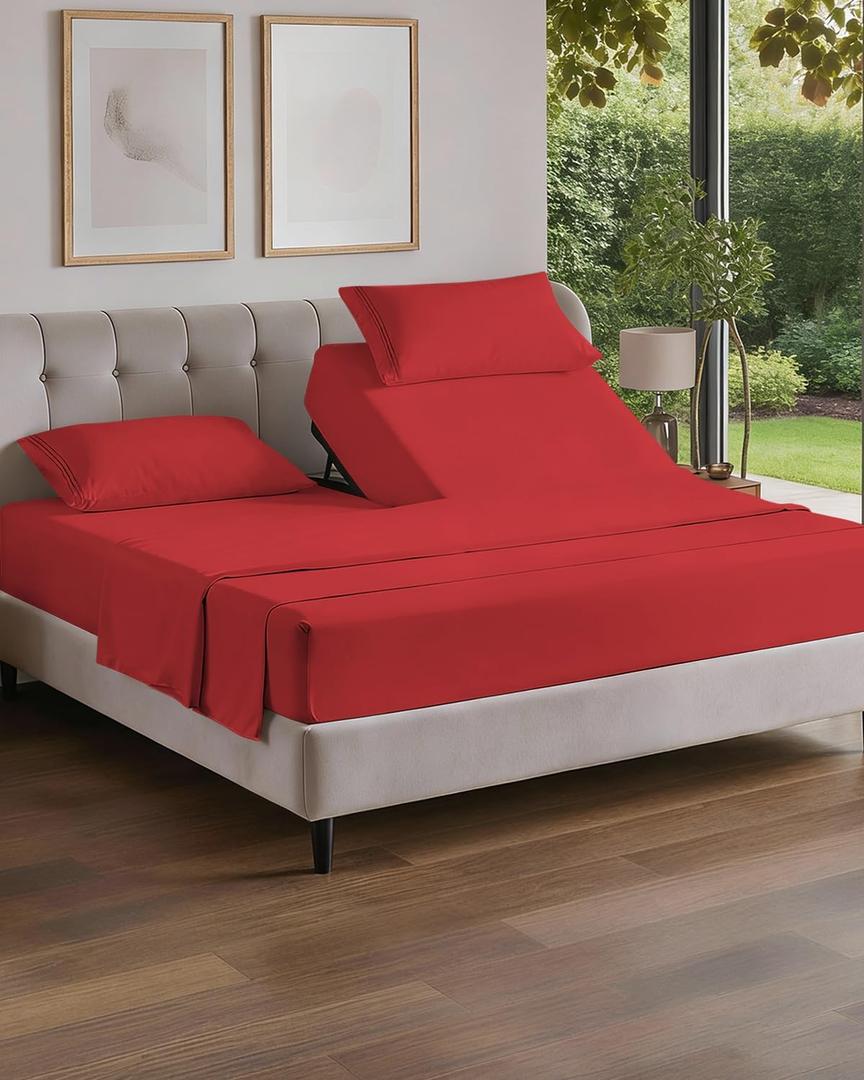 Flex Top Split Head King 4 Piece Sheet Set - Comfy Breathable & Cooling Bed Sheets Set - Hotel Luxury Bedding for Women, Men, Kids, Teens, Boys and Girls - Deep Pockets, Ultra-Soft & Oeko-Tex - Red