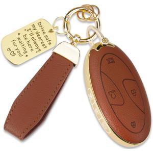 Soft TPU & Leather Key Fob Cover Compatible with Hyundai Ioniq 6 Grandeur GN7 KONA Santa Fe Elantra Tucson Sonata, with Keychain & Metal Blessing Tag (7 Button Brown)