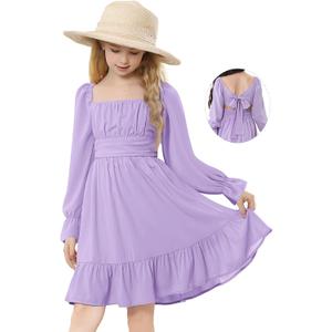Durio Girls Dresses for Teens Girls Tie Back Off Shoulder Dress Cute Long Sleeve Dress Easter Kids School Party Dance Dresses (Purple)