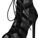 UTIKLIOU Women's Mesh Sandals Peep Toe High Top Sandals Lace Up Summer Boots Buckle Strap Party Sexy Pump Shoes Open toe (11, Black#1)