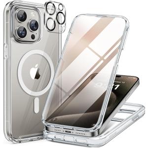 Miracase Magnetic for iPhone 15 Pro Case Full-Body Bumper Phone case with Built-in Glass Screen Protector& Camera Protector, [Compatible with MagSafe] Military Drop Proof 15 Pro Cover 6.1 inch,Clear