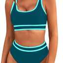 BMJL Women's High Waisted Bikini Sets Sporty Two Piece Swimsuits Color Block Cheeky High Cut Bathing Suits (Dark Green Blue011) Small 