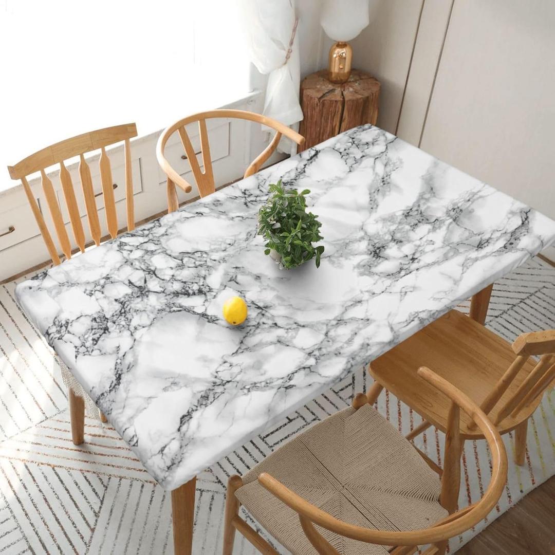 Fiokroo Black and White Marble Tablecloth with Elastic Edge for Rectangle Table, Table Cloth Washable Table Cover for Kitchen Dining Party Outdoor Picnic Decoration, 5FT