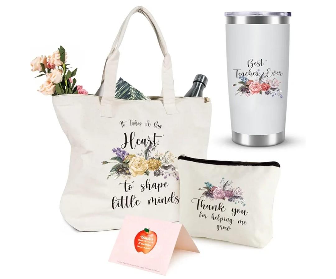 Teacher Tote Bag, Cream - Tote Bag Set for Women with 20oz Stainless Steel Tumbler, Cosmetic Bag, Greeting Card - Teacher Appreciation Gift