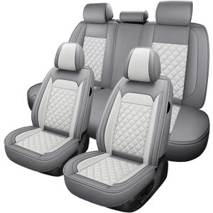 Car Seat Cover, Seat Covers for Cars, Luxury Faux Leather Waterproof Seat Covers, Car Seat Protector Accessories Universal Fit Most Vehicles GreyWhite Full Set
