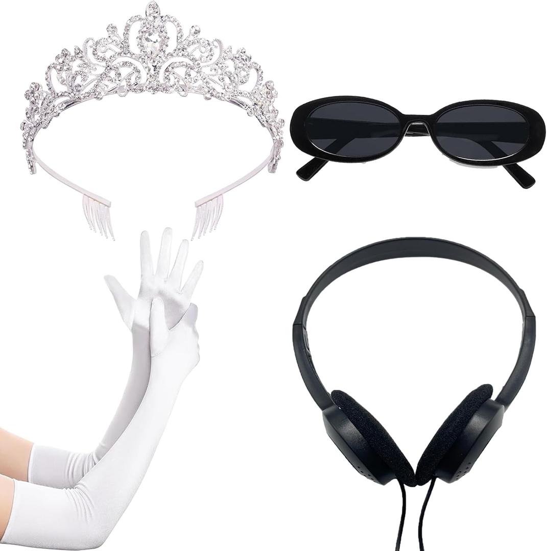 Princess White Tiara Gloves Sunglasses Headphones, Princess Costume Accessories Women Bachelorette Party Decorations (4 Pcs - Style B)