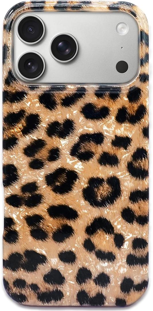 J.west Compatible with iPhone 17 Pro Max Case 6.9", Vintage Soft Sparkly Leopard Print Pearly Thinfoil Animal Design Women Girl Protective Cover Phone Case Brown Cheetah
