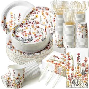 Sinmoe 400 Pcs Spring Plates and Napkins Set Paper Flower Dinnerware Disposable Party Supplies for 50 Guest Dinnerware Knife Fork Spoon for Spring Birthday Party(Classic Color,Flower)