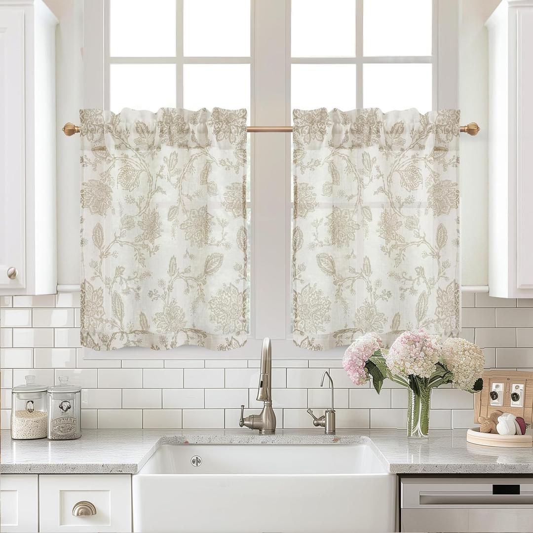 DriftAway Kitchen Curtain Floral Tier Linen Short Floral Paisley Patterned Cafe Curtains 45 Inch Length for Living Room Bathroom Freda Jacobean Farmhouse Country Drapes Rod Pocket 2 Panels Taupe