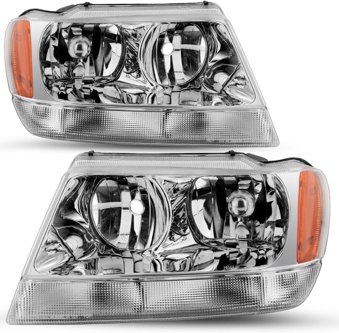 SOCKIR Halogen Headlight Assembly Compatible with 1999-2004 Jeep Grand Cherokee WJ Replacement OE Headlamp Driver and Passenger Side Chrome Housing with Amber Reflector