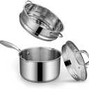 Tri-Ply Stainless Steel Sauce Pan with Steamer Basket & Straining Glass Lid 2-in-1 Multi-Function Pot for Steaming, Boiling & Simmering  Healthy, Durable, Rust-Resistant, Professional-Grade Cookware (3.5 QT with Steamer)